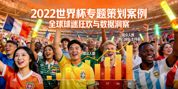 2022世界杯专题策划案例封面 - 多国球迷在球场欢呼的场景，叠加了数据图表元素